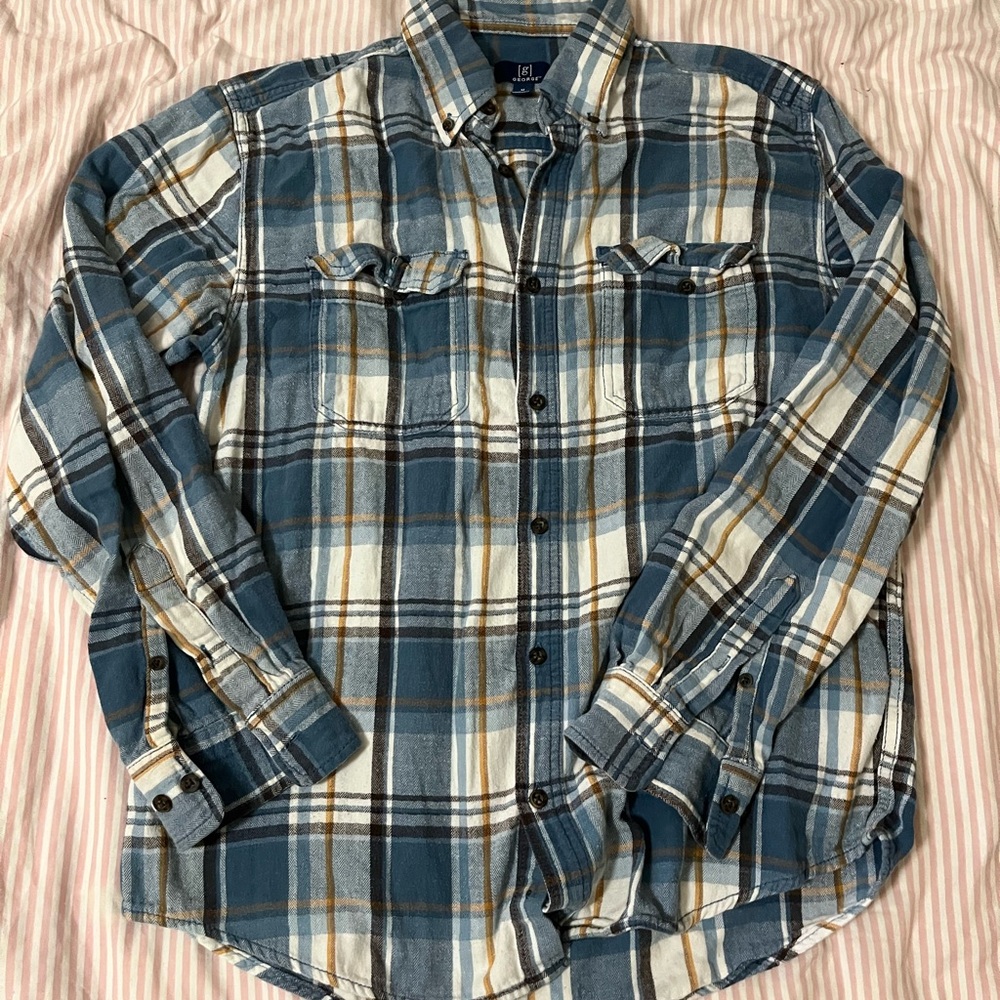 George Blue and Tan Plaid Button-Down Shirt Medium Size